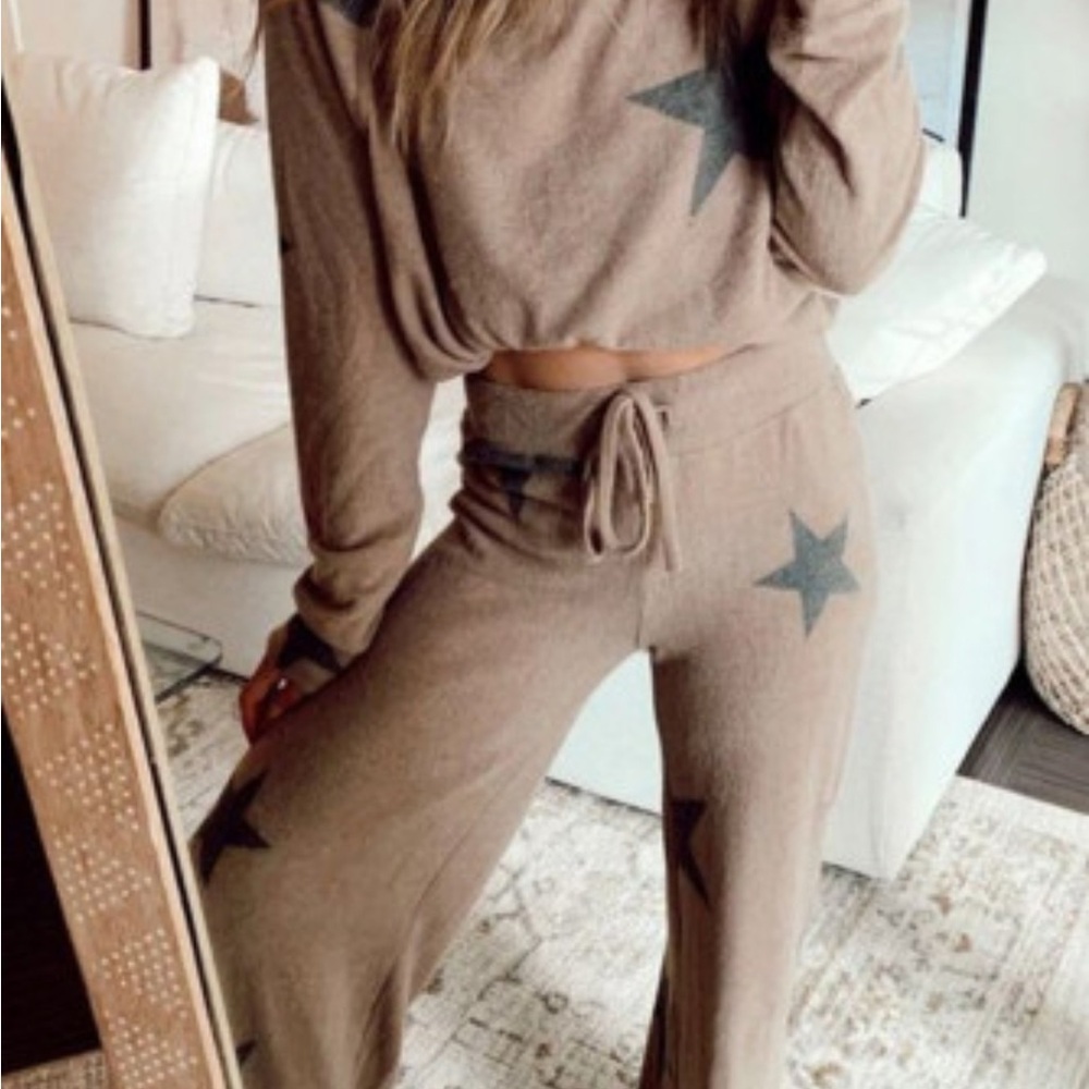 Retro Star Vintage Wash Long Sleeve Drawstring Wide Leg 2pcs Khaki Lounge Set